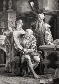 Johannes Gutenberg showing his first print