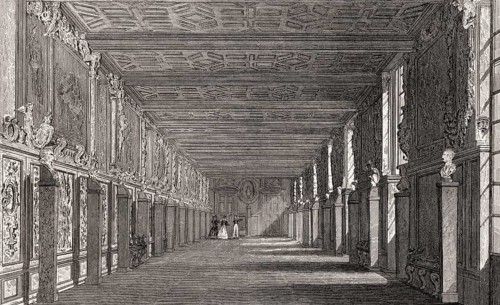 Gallery, The Royal Château de Fontainebleau, near Paris, antique steel engraved print, 1831