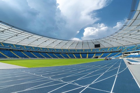 CHORZOW, POLAND - MAY 9, 2018: Athletics track and football pitch at Silesian Stadium