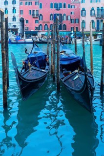 Gondolas anchor in the rain at the Rialto Bridge, Venice, Veneto, Italy