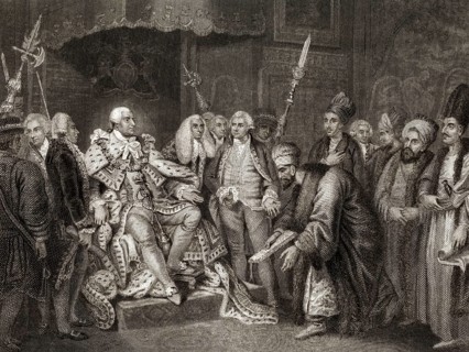 Der türkische Botschafter kniet vor König Georg III. oder Georg Wilhelm Friedrich, 1738 - 1820,