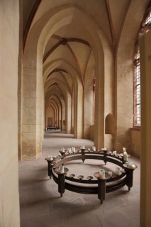 Candlestick on the floor of the side aisle of the basilica, interior view, Eberbach Abbey,