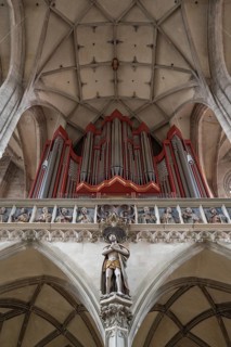 Organ loft, organ built in 1997, late Gothic hall church of St George, Dinkelsbühl, Bavaria,