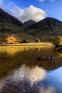 Mountains reflected in loch, evening light, cloudy mood, Achnambeithach Cottage, Loch Achtriochtan,