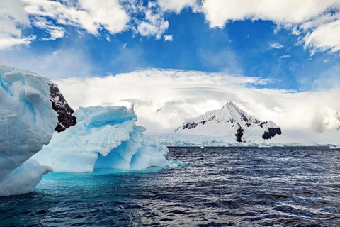 Icebergs floating in the ocean in front of a snow-covered mountain landscape under a clear sky,