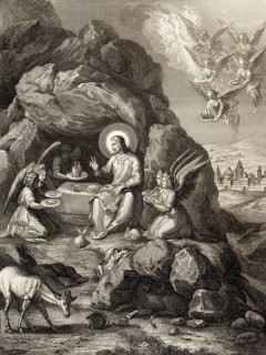 The ministry of angels to Christ, Steel engraving 1853, digitally restored