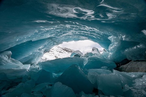 Glacier cave, ice cave, Morteratsch Glacier, Engadin, Graubünden, Switzerland