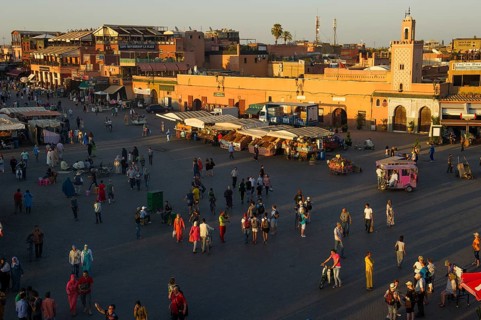 Place Djemma el-Fna, Gauklerplatz, UNESCO World Heritage Site, sunset, Marrakech, Morocco