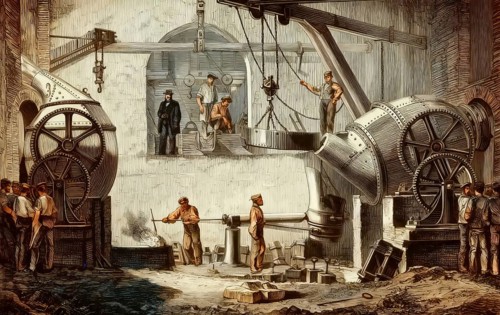 Historical illustration, 19th Century, technical processing of iron in a Bessemer converter, 1886