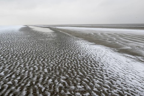 North Sea beach in snow, Langeoog, Lower Saxony, Germany