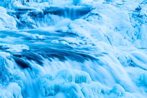 Gullfoss, waterfall of the Hvítá river, detail, ice, frost, snow, winter, Haukadalur, Iceland,