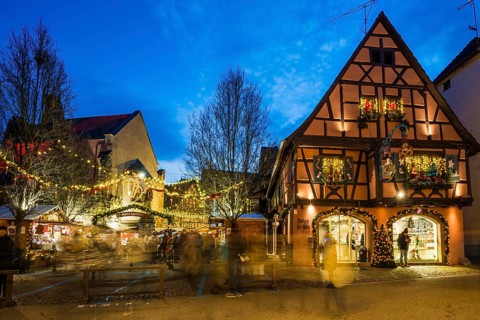 Christmas market, blue hour, Eguisheim, Haut-Rhin, Grand Est Region, Alsace, France