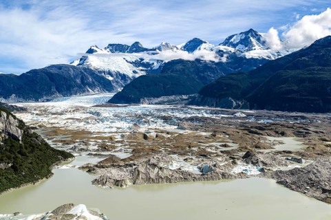 Melting glacier, glacier tongue, glacier Exploradores, aerial view, Valle Exploradores, near Puerto