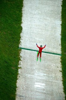 Ski jumper in summer, Meinhardus Jump, Meinerzhagen, North Rhine-Westphalia, Germany