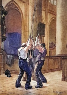 Men ringing bells with a rope, Germany, historical wood engraving, coloured wood engraving,