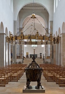 St. Mary's Cathedral, interior view with bronze baptismal font and hezilo chandelier, UNESCO World