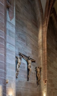 Sculptures of the crucifixion scene in the Church of St Nicholas and St Ulrich, Kirchenberg 15,