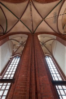 Pillars and ceiling vault of St Nicholas' Church, late Gothic brick building, built between 1381