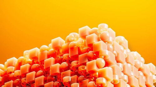 An engaging array of 3D geometric shapes in fiery orange tones combines spheres and cubes, creating