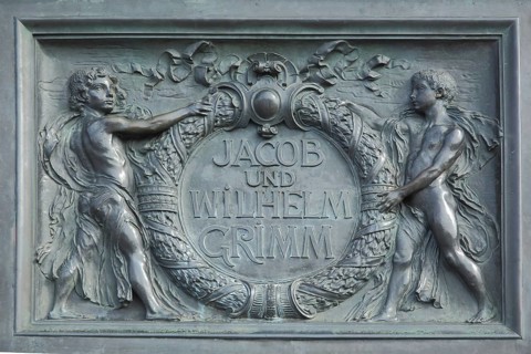 Relief with inscription Jacob and Wilhelm Grimm, Brothers Grimm National Monument, Laurel Wreath,