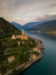 Stunning aerial view of Morcote village in Lugano, Switzerland, showcasing historic architecture