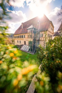 A traditional house with a modern glass façade, surrounded by a sunny garden and cloudy sky,