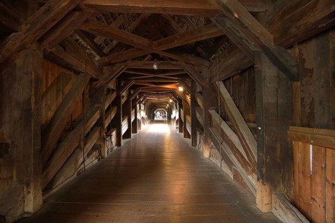 Interior view of wooden bridge across the Rhine, landmark, timber structure, Bad Säckingen,