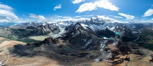 Aerial view, epic panorama, large glaciers, glacial lakes Lago de los Tres Laguna Sucia and Laguna