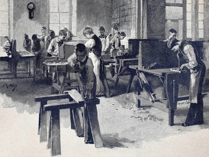 Carpenter's workshop, carpenter, in 1890, Germany, illustration, reproduction from a model from the