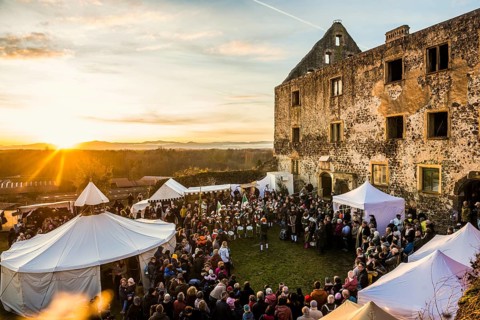 Medieval Christmas market, sunset, Burkheim, Vogtsburg, Kaiserstuhl, Baden-Württemberg, Germany