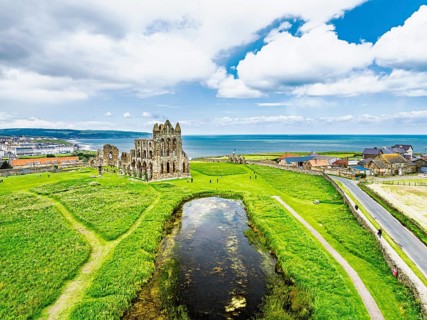 Whitby Abbey over River Esk from a drone, North Yorkshire, England, United Kingdom