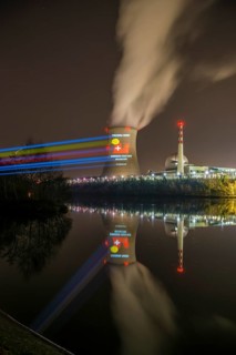 Protest action broadcast by the anti-nuclear organization, projection, night view, 05-03-2026,