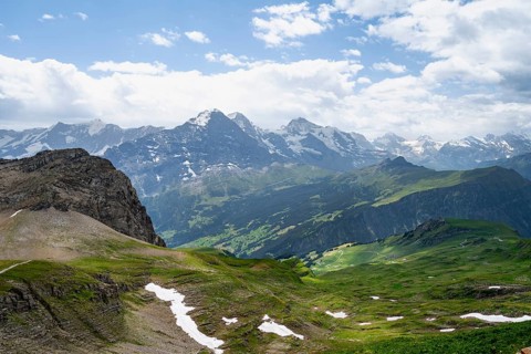 View from the summit of Faulhorn, Eiger, Mönch and Jungfrau mountain scenery, Bernese Alps, Bernese