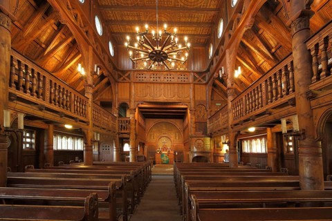 Interior view of Gustav-Adolf-Stabkrche built in 1908, wooden church, wooden structure, Hahnenklee,