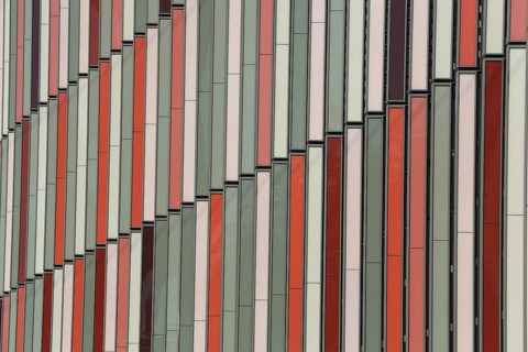 House facade of the KfW western arcade, geometric red white patterns, lines, linear, backgrounds,