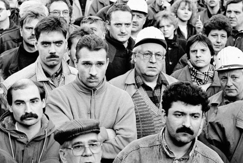 Sad faces at the works meeting for the closure of Krupp Rheinhausen, Duisburg, Germany