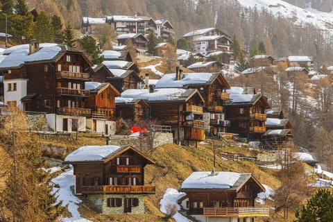 Snow-covered old farmhouses, historic town center, Chandolin, Val d'Anniviers, Valais Alps, Canton