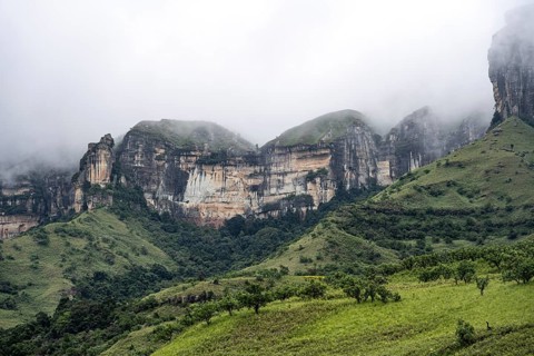Landscape with mountains and fog, Drakensberg National Park, KwaZulu Natal, South Africa