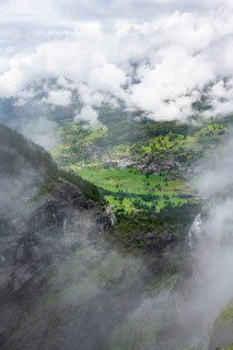 View of the valley to Grindelwald, cloudy mountain landscape, Bernese Alps, Bernese Oberland,