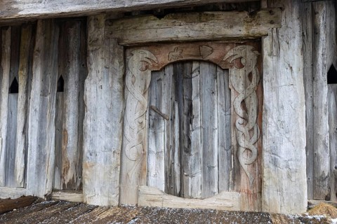Entrance door to the Wickinger building, wooden door, winter, Stokksnes, Vestrahorn, Klifatindur,