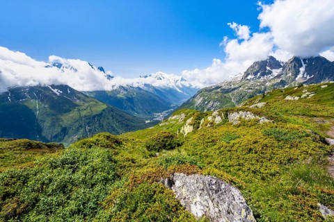 Mountain panorama with glaciated mountain peaks, Aiguille Verte with Aiguille du Midi and Mont