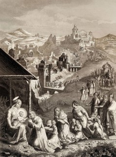 The epiphany of Jesus, Arrival of the Magi, steel engraving, 1853, digitally restored