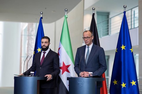 Ahmed al-Sharaa (President of the Syrian Arab Republic) and Friedrich Merz (Chancellor of the