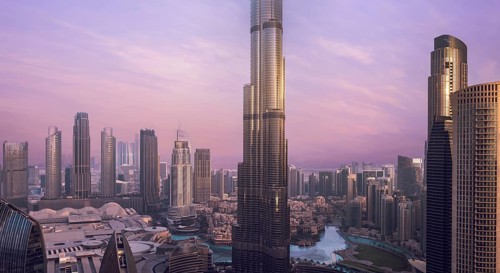 UAE, Dubai panoramic skyline view of city downtown and business district