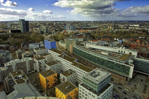 View of a modern urban district from the observation deck of Hamburger Michels, distinctive