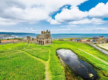 Whitby Abbey over River Esk from a drone, North Yorkshire, England, United Kingdom