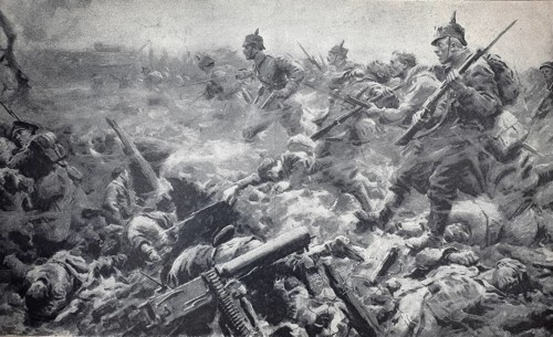 World War I, German attack on an English trench near Giwenchy, France, 1915, illustration,