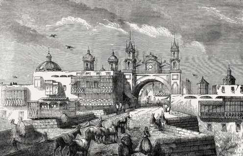 Old stone bridge and the Church of Our Lady of the Forsaken, Historic Center of Lima, Peru, 1857
