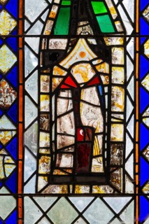 Stained glass of east window medieval fragments, Church of Saint Nicholas, Rushbrooke, Suffolk,