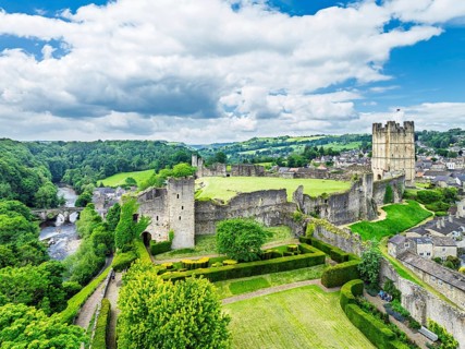 Richmond Castle from a drone, Richmond, Yorkshire Dales, North Yorkshire, England, United Kingdom